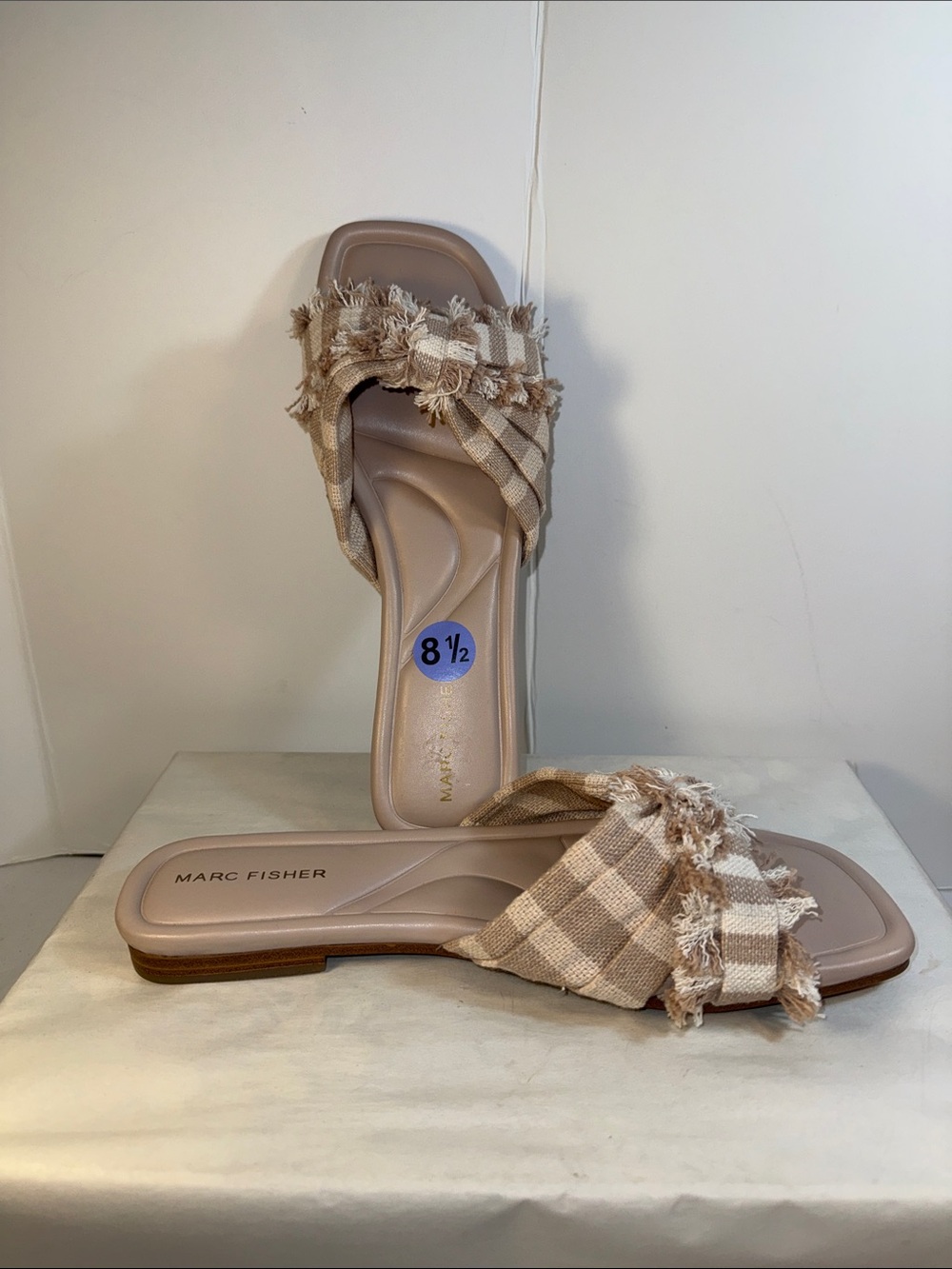 Marc Fisher Neutral Plaid Frayed Slide Sandals - Beige/Tan
